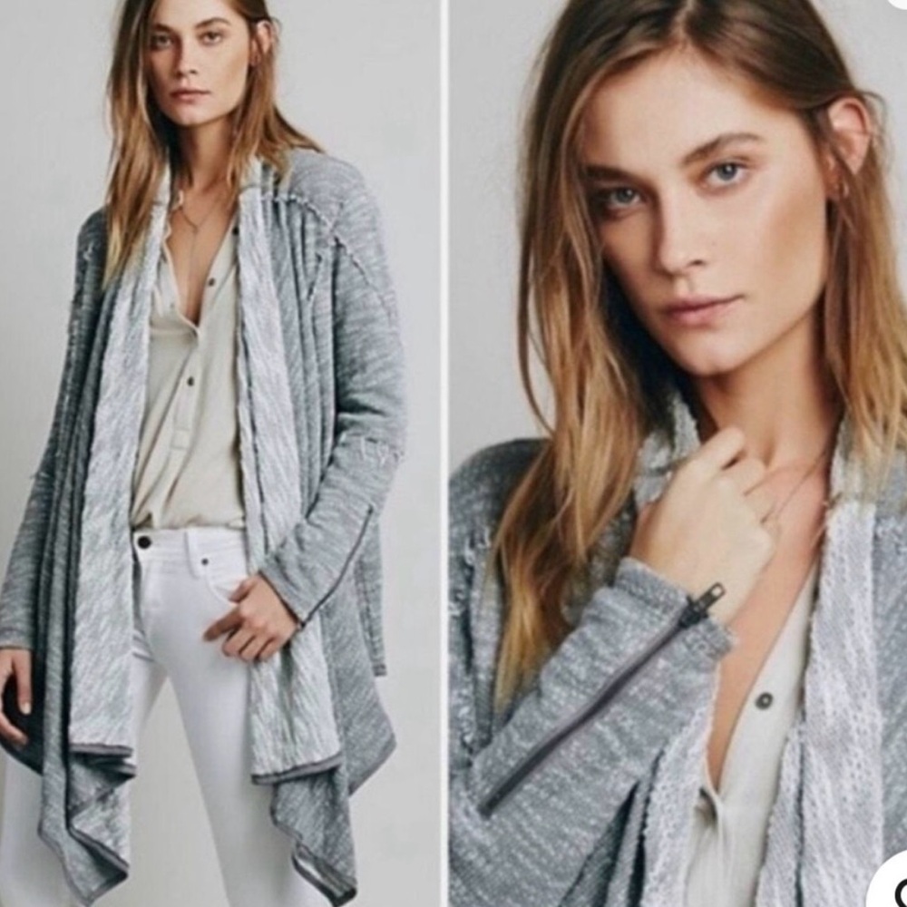 Free People In The Loop Open-Front Waterfall Cardigan Gray White L